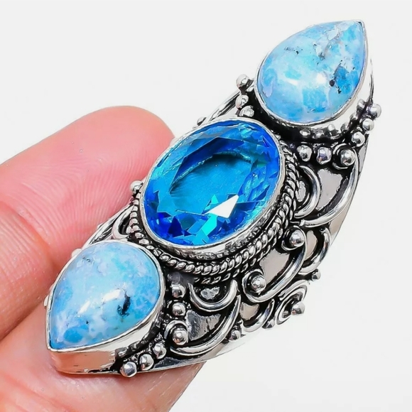 New Swiss Blue Topaz & Mosaic Jasper 925 Silver Statement Ring. - Picture 9 of 11